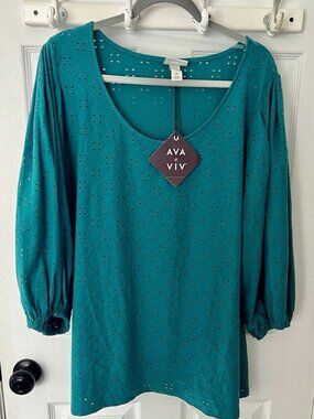 Ava & Viv Teal Eyelet Puff-Sleeve Tunic